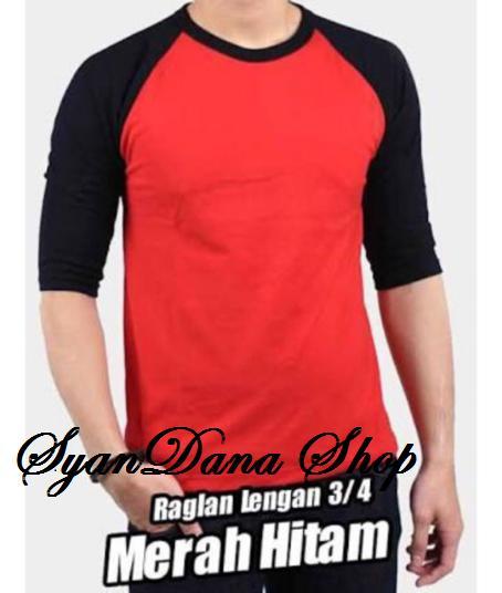 kaos polos reglan Merah lengan hitam 3/4 pria dan wanita | Lazada Indonesia