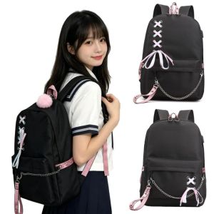 DIVATEN Large Capacity School Backpack Silk Ribbon Black Laptop Backpack Stylish Breathable Shoulder Bag For Laptop