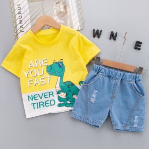child Short sleeve shorts summer childrens clothing splicing Dinosaur fashion t shirt hole Denim shorts 2-piece set