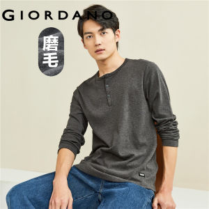 GIORDANO Men T-Shirts Embroidered Thick Sanding Casual T-Shirts Henley-Neck Long Sleeve 100% Cotton Plain Color Tee 01022803
