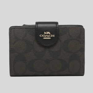 Coach Medium Corner Zip Wallet In Signature Canvas Brown Black C0082