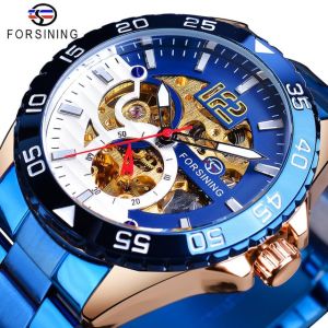 Forsining Mechanical Mens Watch Top Brand Luxury Automatic Mens Watch Stainless Steel Skeleton Blue Dial Waterproof Casual Clock. Gifts for men