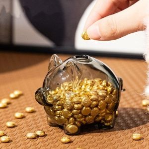 WARMIE Cartoon Piggy Money Bank Durable Visible Golden  Container Cute Transparent Glass Money Jar  Use