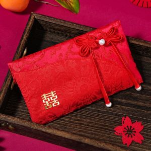 WOODP Embroidery Brocade Red Envelop Blessing Words Best Wishes Red Pockets Large Capacity Button Wedding  Chinese New Year