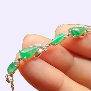 Seven Green Cabochons Natural Type A Jadeite Jade set on S925 as Bracelet (s925b5) - certificate weighs 4.08 g