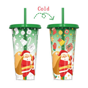 Christmas New Cool Color Changing Cup   Large Capacity Santa Claus Two-Piece Color-Changing Straw Cup Set