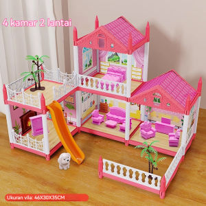 3D Princess Big Villa Rumah Boneka Pink Castle DIY Bermain Rumah Dengan Slide Yard Kit Dirakit Rumah Boneka Mainan Anak