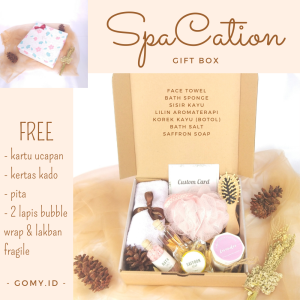 SPA-CATION gomy.id wedding gift box hampers kado souvenir hadiah pernikahan nikahan perkawinan ulang tahun wedding set peralatan alat mandi spa healing sabun saffron lilin aromaterapi murah unik terjangkau lucu estetik aesthetic