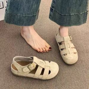 [Free Shipping] WomenS Summer Casual Flat Sandals With Round Toe Hollow Buckle And Closed-Toe Design Featuring A Low Wedge Heel And Roman Style