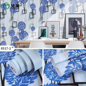 TERBARU Wallpaper Sticker Dinding Kamar & Ruang Tamu Motif Kotak 3D Daun Biru Panjang 8 Meter x Lebar 45cm