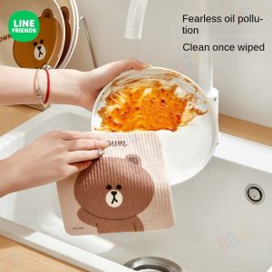 100% Authentic Line Friends Dishcloth for Kitchen Towel Kitchen Cloth No-lint No-oil Cleaning Cloth Wood Pulp Cotton Material BROWN CHOCO LFB23