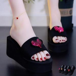 MANXIXI Beautiful Flat Slippers 2.36 Inches Love Pattern Inlay Rubber Sole Sturdy Wedge Sandals For Women (Size 35-40)