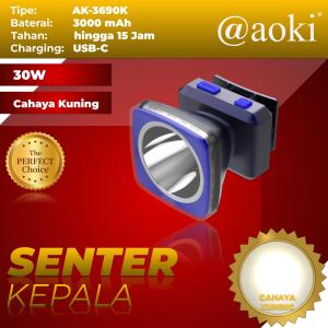 AOKI Senter Kepala 30W cahaya kuning baterai lithium tahan hingga 15Jam