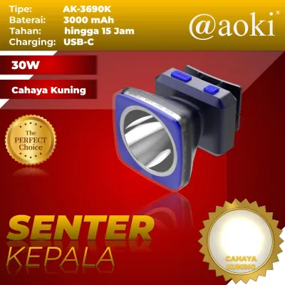 AOKI Senter Kepala 30W cahaya kuning baterai lithium tahan hingga 15Jam