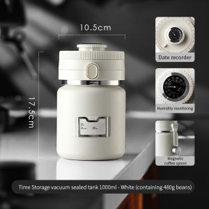 BINCOO Coffee Bean Sealed Jar Storage Container 304 Food Grade Vacuum Preservation Jar Humidity Monitoring Storage Jar with Coffee Grinder Set Coffee Utensils 1L