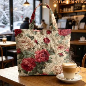1pc 2D in phẳng Túi Vải Tote dành cho nữ - có in hoa văn hoa hồng dung tích lớn để sử dụng nhiều lần2026