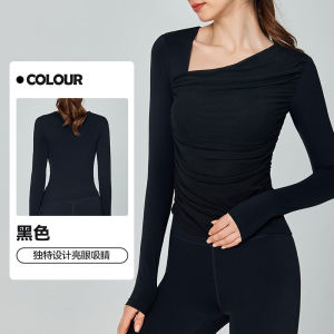 alo yoga Lengan Panjang Yoga Leher Asimetri T Baju Wanita Mesh Jahitan dengan Alas Dada Sukan Top Fesyen Kelihatan Kurus Kecergasan