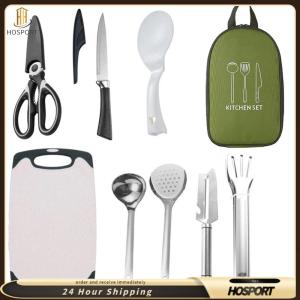 【HOSPORT】 8 Pcs Camping Cooking Utensils Set Stainless Steel Camping Cooking Set Portable Outdoor Camp Cookware Set Camping Gear