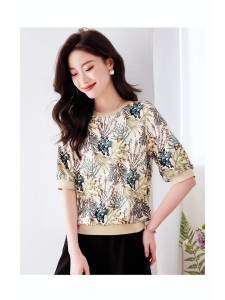 AMMIN 202 Korean Style Fashion Vintage Plant Flower Print Loose Retro Five-Point Short Sleeve T-shirt Womens Summer New Bubble Sleeve Casual Elegant Blouse