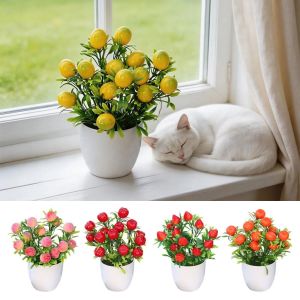 PLLEWY Multicolor Artificial Fruits Bonsai Pomegranate Lemon White Flowerpot Simulation Plant Potted Creative Green Leaves Fruit Tree Potted Home Decoration