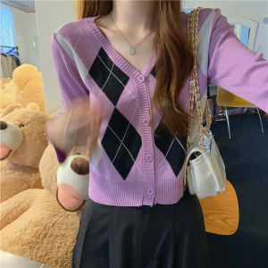 AN-3216 Korean V-Neck Retro Full-sleeve Cardigans Argyle Sweater Knitted Tops Jacket Single Breasted Sweater Office Wear Summer Spring