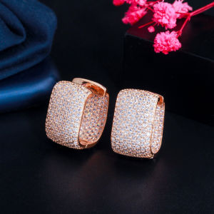 SEQUITO Brand Super Luxury Full Handinlaid 500pcs AAA Cubic Zirconia Diamond Rose Gold Plated Women Geometric Big Hoop Earrings for Wedding Banquet Party SE504