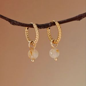 Vachana - Round Gold Rutilated Quartz Twisted Hoop Earrings (หินไหมทองแท้)