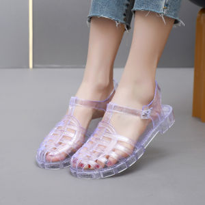 Free Shipping Summer New Retro Versatile Hollow Breathable Closed-Toe Flat WomenS Roman Jelly Sandals Crystal Beach Shoes