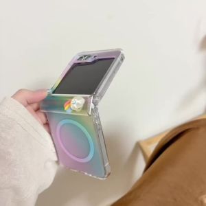 Korean Rainbow Cloud Magnetic Phone Case For Samsung Galaxy Z Flip 7 6 5 Flip7 Flip5 Cover with Magsafe Stand Chain Cute Cases