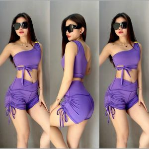 Bộ Đồ Tập Thể Thao Nữ Áo Bra Lệch Vai Quần Đùi Rút Dây Nhiều Màu Tập Gym Yoga Aerobic Cao Cấp