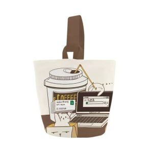 水桶包女韩版 GYYT Korean Style Cartoon Coffee Cat Bucket Bag Canvas Handbag Large Capacity Mummy Bag Sweet Tote Bag Lunch Bag Women