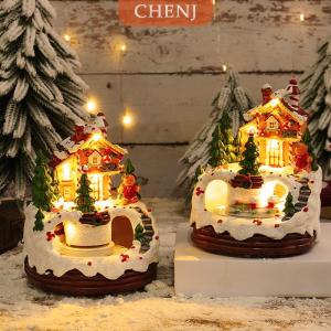 [COD] CHENJ บ้านในหมู่บ้านสำหรับเทศกาลคริสต์มาสส่องสว่างบ้านสำหรับเทศกาลคริสต์มาสพร้อมรถไฟหมุนและดนตรี8เพลงบ้านเรซินพร้อมแสงไฟอุ่น