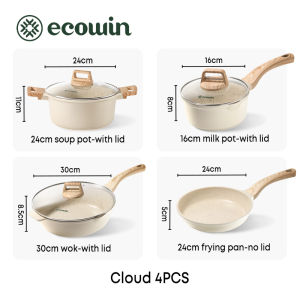 Ecowin Cookware Ceramics Nonstick Coating Set 4 Pieces 30 Wok with Lid + 24 CM Frying Pan without Lid + 24cm soup pot 16CM Milk Pan with Lid Suitable for All Stoves