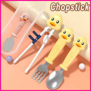 Kids Training Chopstick Spoon and Fork Set 304 Stainless Steel Cartoon Cutlery Set for Toddler Beginner