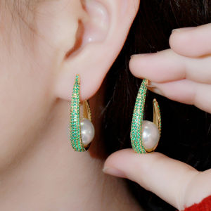 SEQUITO Women Elegant Fashion Pearl Jewelry Micro Tiny Cubic Zircon Setting U Shape Huggie Hoop Earrings SE357