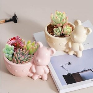 ANGY  Mini Ceramic Bear Flowerpot Creative with Hole Succulent Plant Pot Gift Cute Animal Succulent Planter for Garden