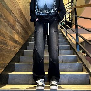 COD Hong Kong style retro drawstring jeans mens American trend loose straight pants ins ruffian handsome and thin wide-leg trousersGDFSFDGFD