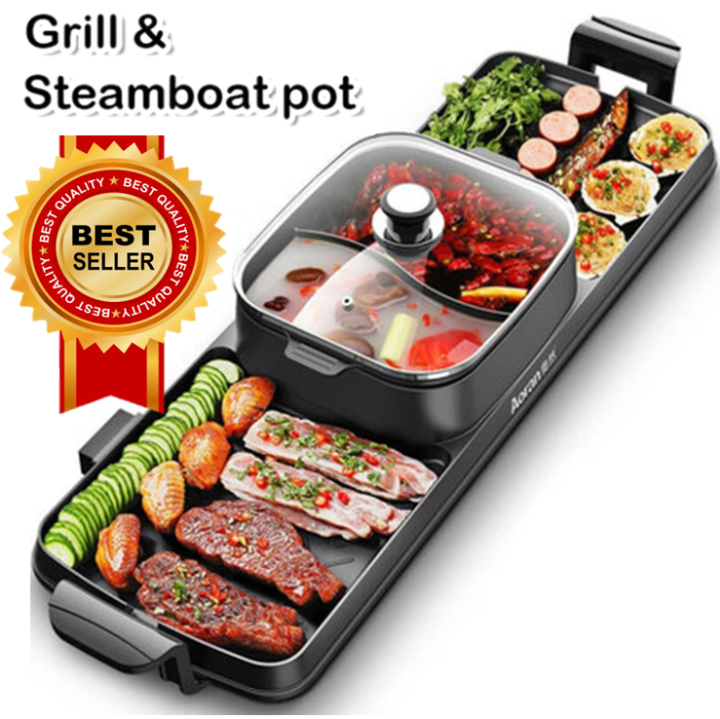 【Malaysia Plug】4 IN 1 Electric BBQ Grill Pan Teppanyaki Hot Pot