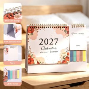JAYQQ Jan. 2027 - Dec. 2027 2027 Flower Desk Calendar Foldable Daily Study English Calendar Portable Planning Double-coil Calendar Home