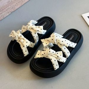 Free Shipping Bowknot Thick-Soled Slippers For Women Summer Outdoor Wear 2026 New Style Perfect With Dresses Polka Dot Beach Sandals