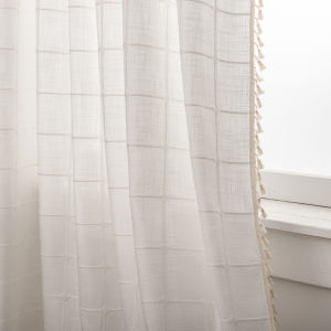 Curtain Finished Product   US Exclusive for Cross-Border  INS Cotton and Linen Plaid Milky White Tassel Bay Window Curtain Factory