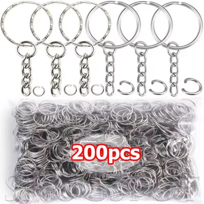200PCS Complete Keychain Making Kit / 25mm Bulk Silver Metal Rings with Open Jump Rings and Chains / Durable Iron Material for DIY Charms and Lanyards