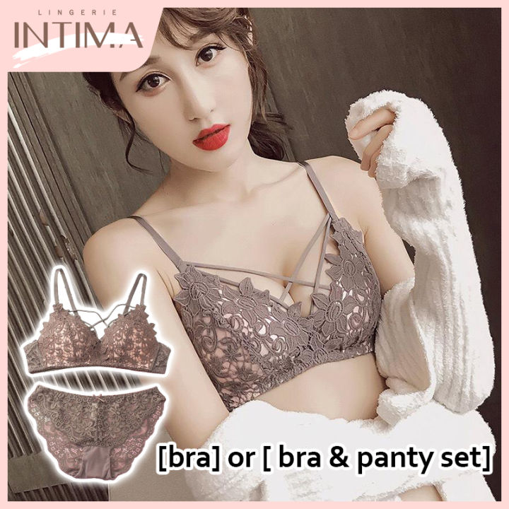 INTIMA 【Bra】or【Bra and Panty Set】 Embroidery Lace Push Up Bra for Women  Sexy Deep V Bralette Wireless Seamless Thin Cup Comfortable Small Breast  Gather Anti-sagging Ladies Underwear Lingerie Set