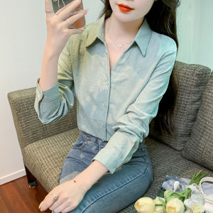 AMMIN Korean Style Elegant Graceful Jacquard Fabric V-neck Long Sleeve Shirt Womens 2024 Autumn Single Breasted Lapel Commuter Blouse