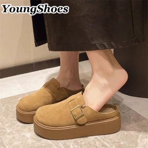 รองเท้าสวมแบบครึ่งส้นปิดหัวหนาแฟชั่น สไตล์ย้อนยุค รองเท้าผู้หญิง เพิ่มความสูงได้ 5 ซม.