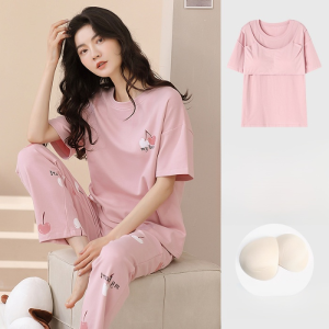 ฤดูร้อนฤดูใบไม้ผลิ ชุดสองชิ้น แขนสั้น กางเกงขายาว ชุดชั้นในฟรี เป็นมิตรกับผิว พร้อมแผ่นเสริมหน้าอก ชุดนอน