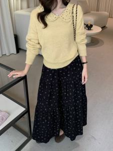 Women Vintage Floral Tiered Midi Skirt 2026 Fall New Elastic Waist Layered Cake Skirt Hip Cover