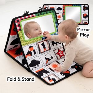 Baby Tummy Time Floor Mirror Double Sided Sensory Toy Montessori High Contrast Crinkle Book Teether Foldable For 0 To 12 Months Newborn Play