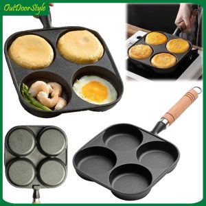 【Arrive 1-3 Days】 4-Hole Omelet Pan Wooden Handle Non Stick Egg Frying Pan Egg Pancake Steak Cooking Pan for Gas Stove Induction Cooker