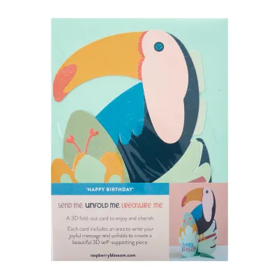 Raspberry Blossom Treasures: 3D fold-out Happy Birthday Card - Toucan